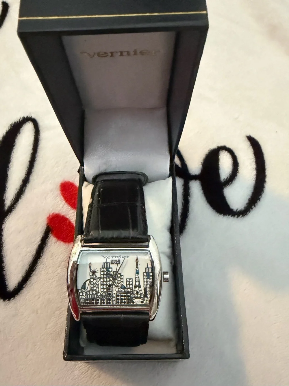 Vernier Men's Black Leather Watch with NYC skyline very unique